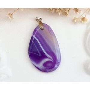 Purple Agate Sliced Smooth Crystal Freeform Silver T Teardrop Vintage Pendant